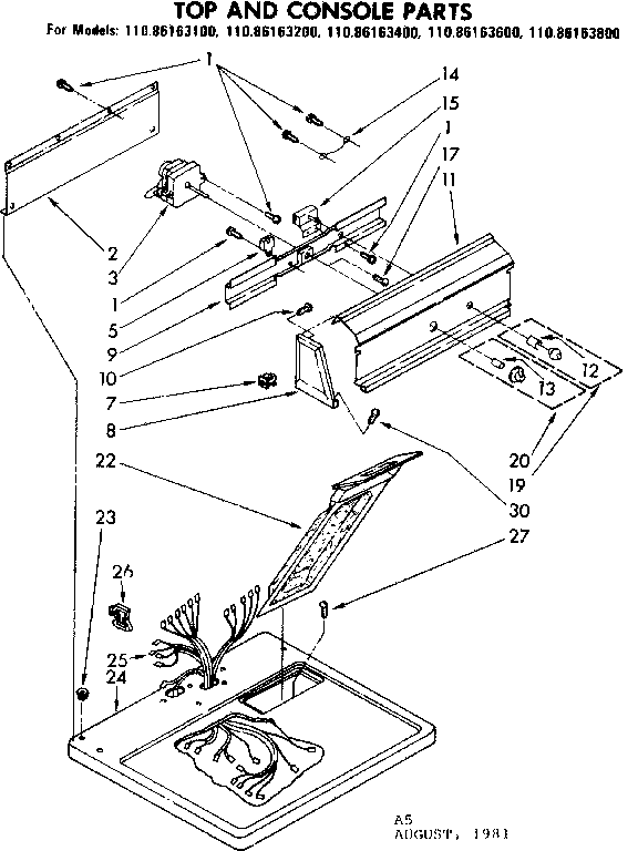 Kenmore 11086163100 top and console parts diagram