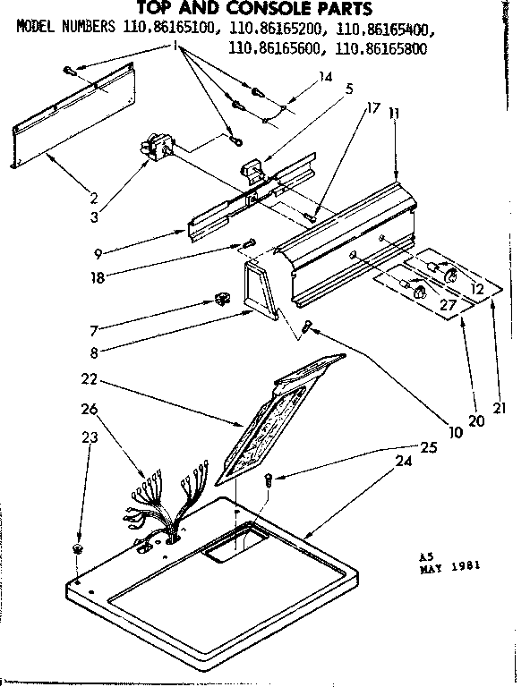 Kenmore 11086165600 top and console parts diagram