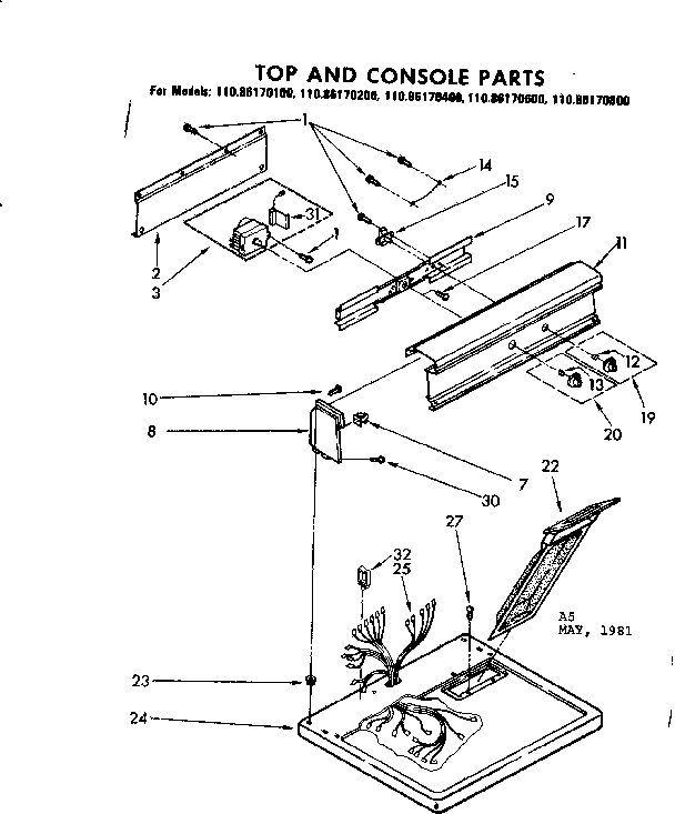 Kenmore 11086170400 top and console parts diagram