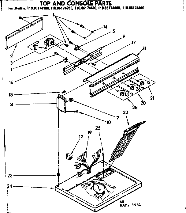 Kenmore 11086174200 top and console parts diagram