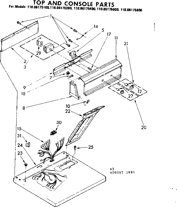 Kenmore 11086175600 top and console parts diagram