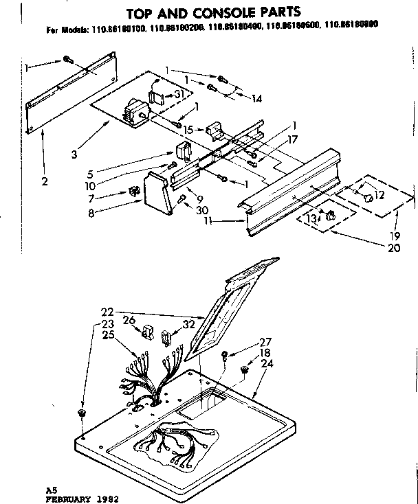 Kenmore 11086180100 top and console parts diagram