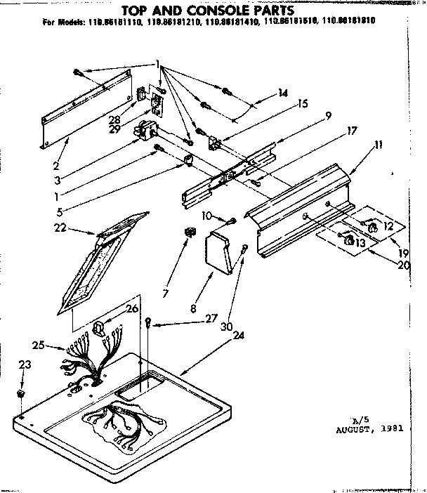 Kenmore 11086181610 top and console parts diagram