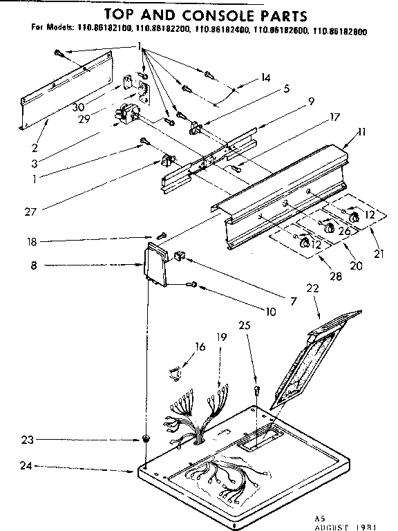 Kenmore 11086182400 top and console parts diagram