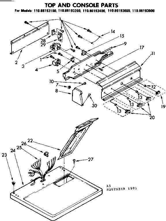 Kenmore 11086193600 top and console parts diagram