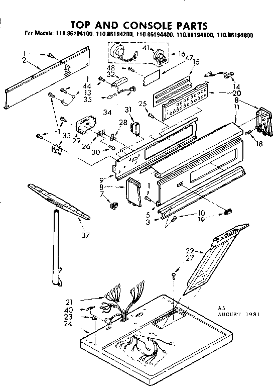 Kenmore 11086194200 top and console parts diagram