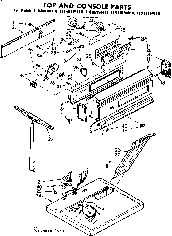 Kenmore 11086194410 top and console parts diagram