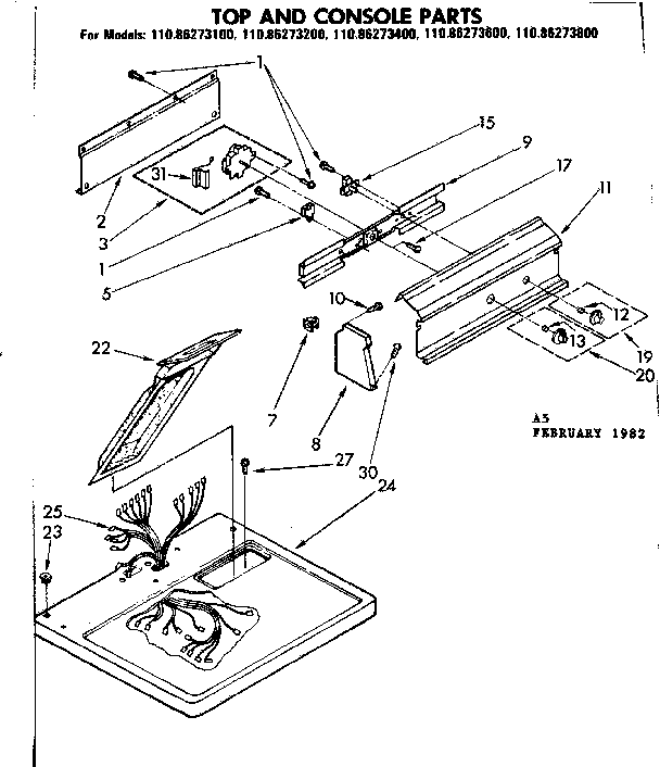 Kenmore 11086273200 top and console parts diagram