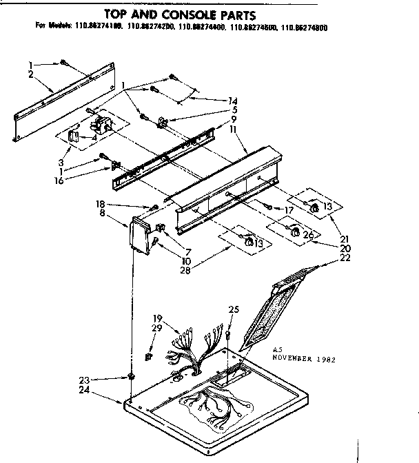 Kenmore 11086274600 top and console parts diagram
