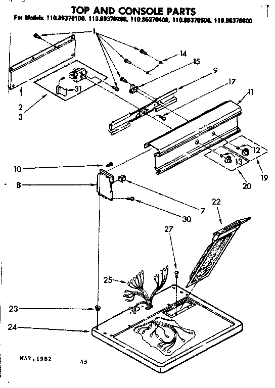 Kenmore 11086370400 top and console parts diagram