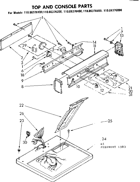 Kenmore 11086376200 top and console parts diagram