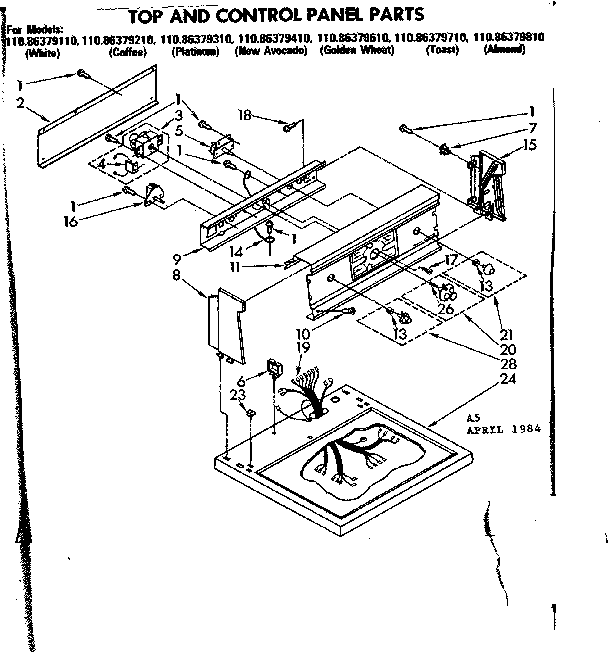 Kenmore 11086379310 top and control panel parts diagram