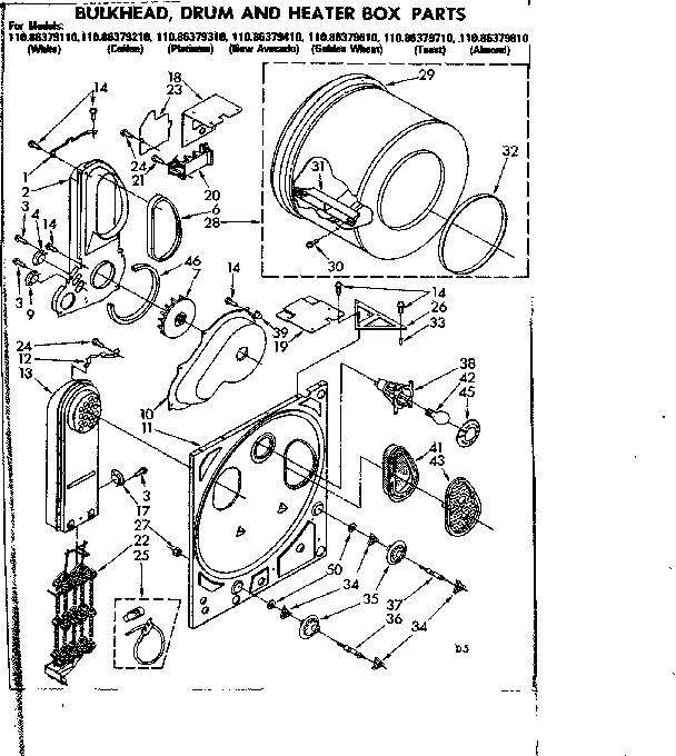 Kenmore 11086379310 bulkhead drum & heater box parts diagram
