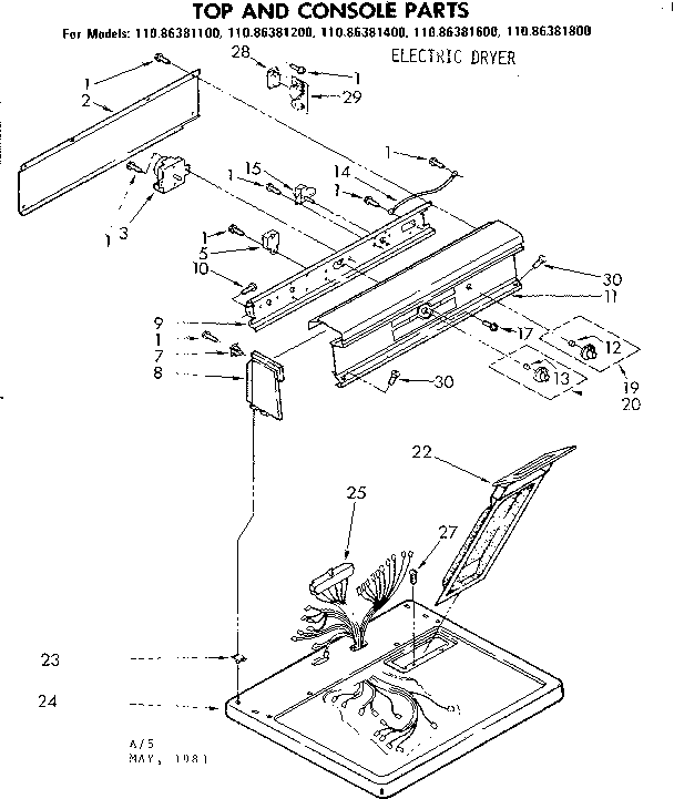 Kenmore 11086381600 top and console parts diagram