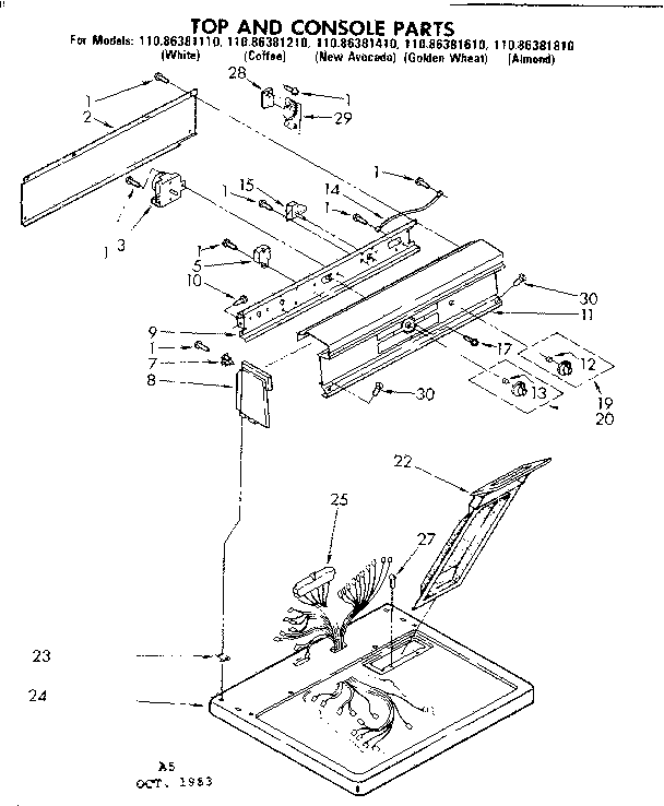 Kenmore 11086381210 top and console parts diagram