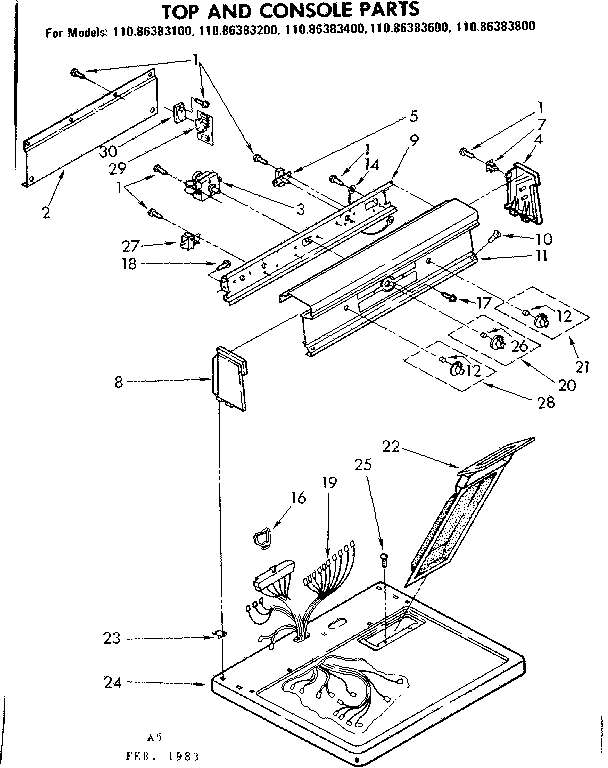 Kenmore 11086383200 top and console parts diagram