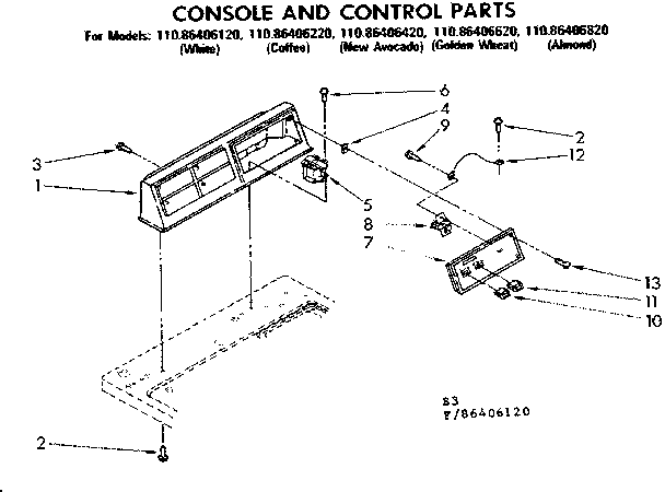 Kenmore 11086406220 console and control parts diagram