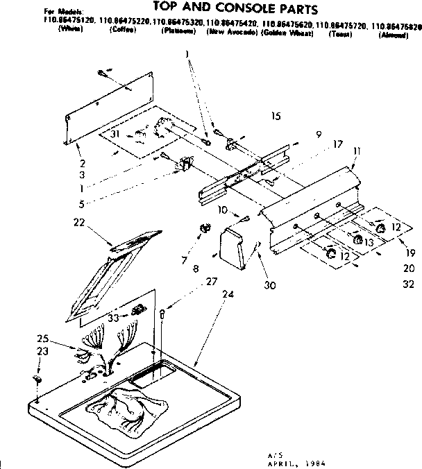 Kenmore 11086475420 top and console parts diagram