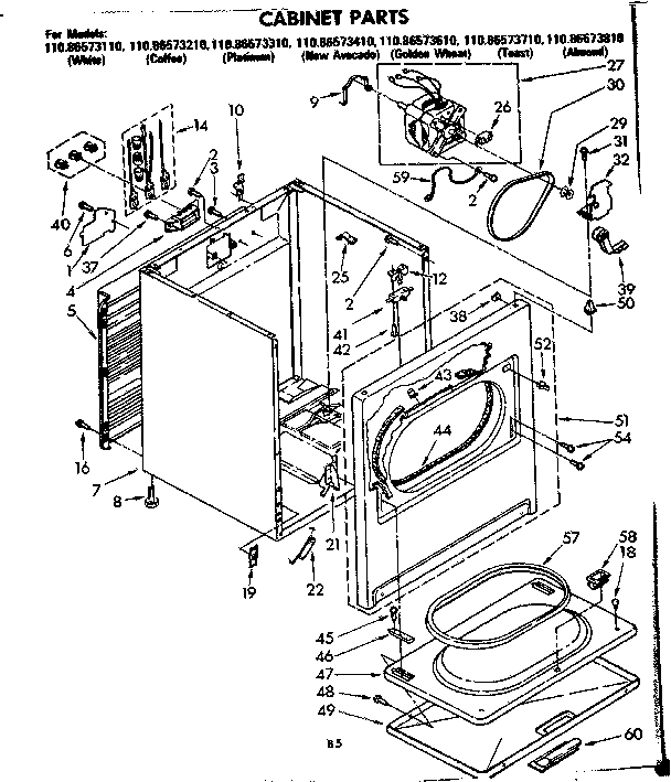 Kenmore 11086573610 cabinet parts diagram