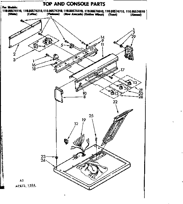 Kenmore 11086574410 top and console parts diagram