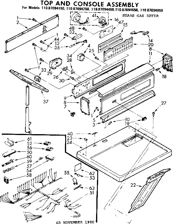 Sears 11087094150 top and console assembly diagram