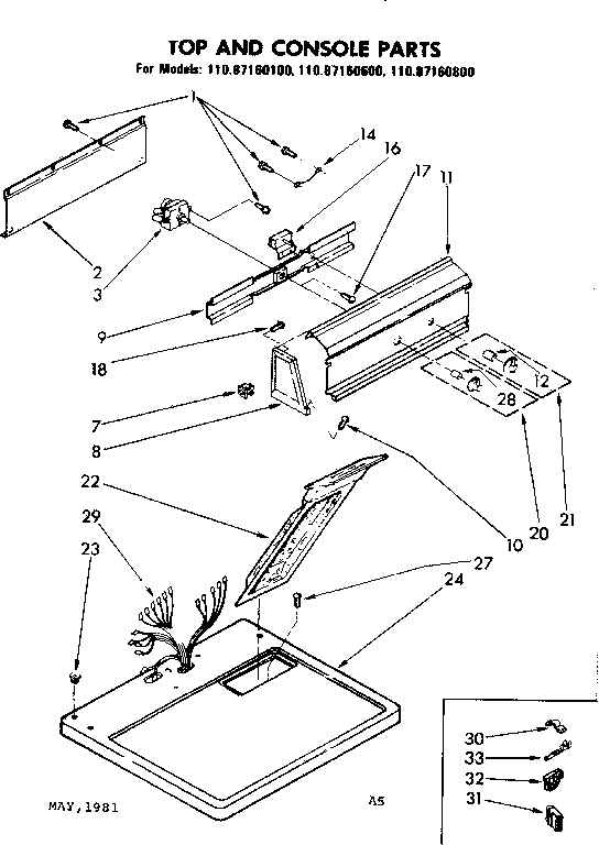 Sears 11087160600 top and console parts diagram
