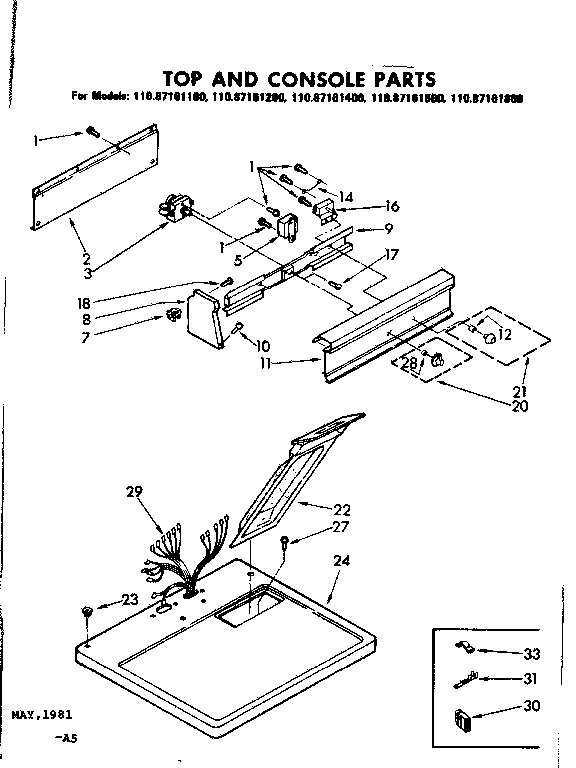 Sears 11087161400 top and console parts diagram