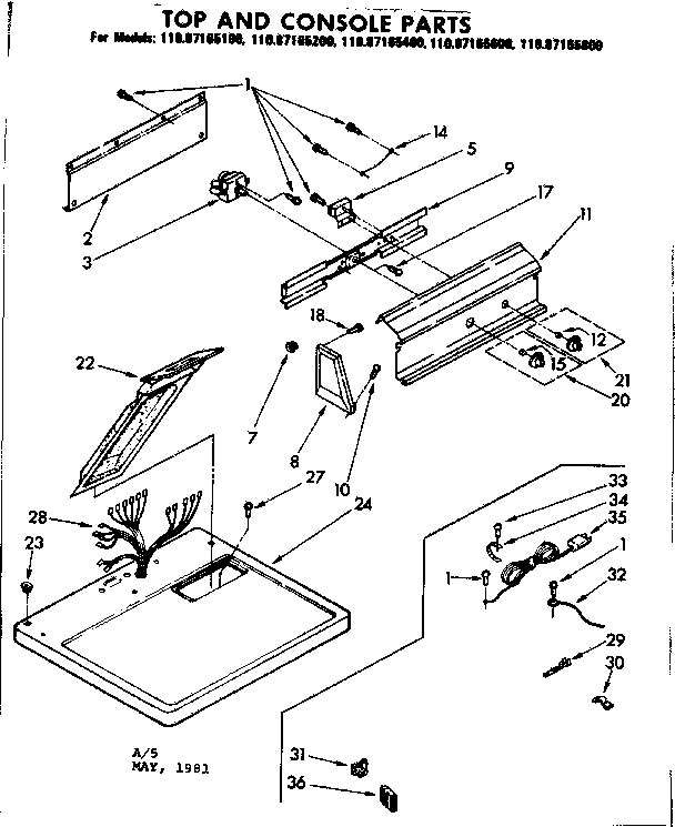 Sears 11087165400 top and console parts diagram