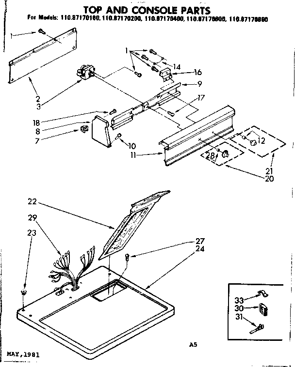 Sears 11087170400 top and console parts diagram