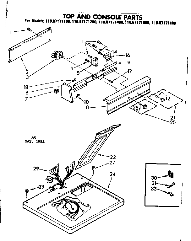 Sears 11087171400 top and console parts diagram