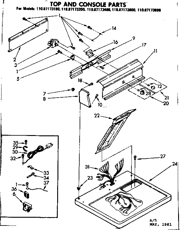 Sears 11087173600 top and console parts diagram
