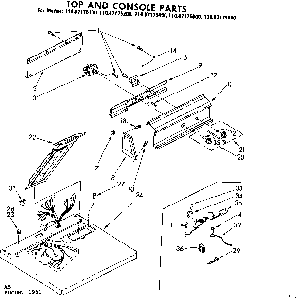 Sears 11087175400 top and console parts diagram