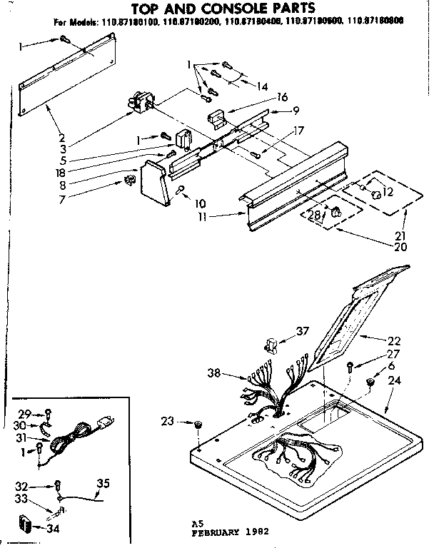 Sears 11087180800 top and console parts diagram
