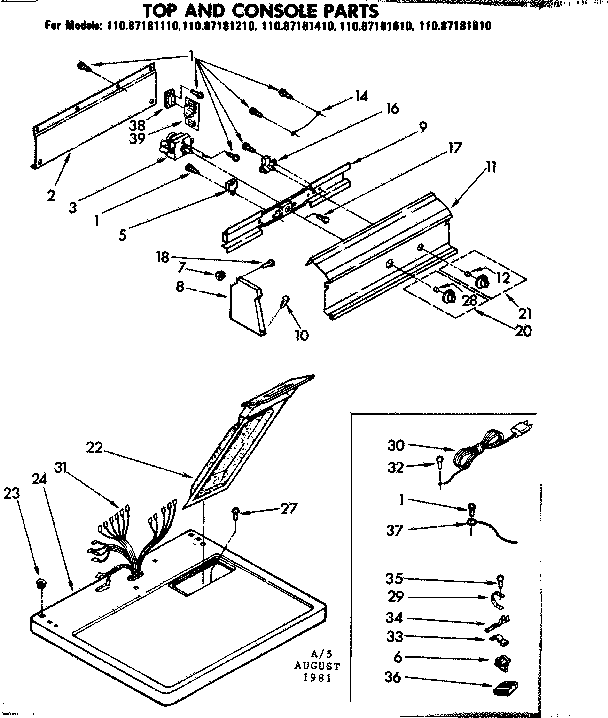 Sears 11087181410 top and console parts diagram