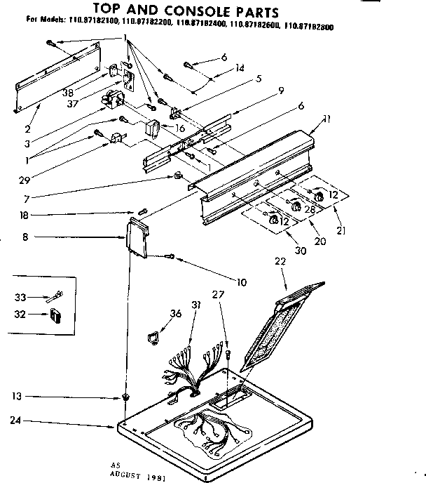 Sears 11087182100 top and console parts diagram