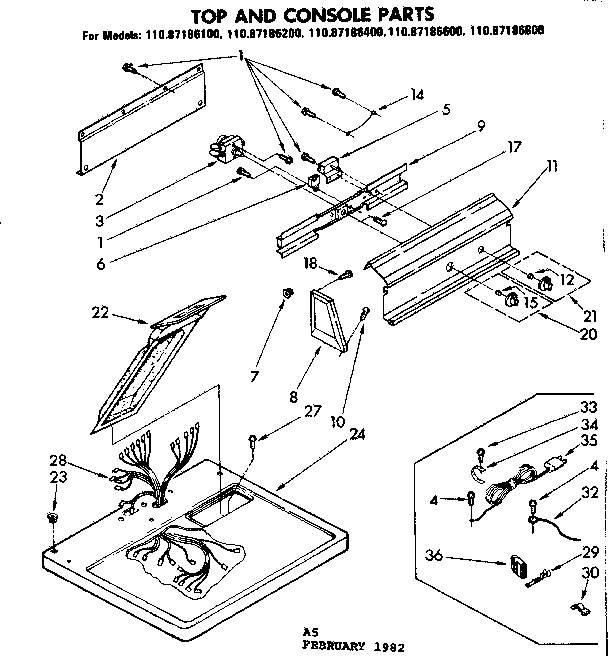 Sears 11087186100 top and console parts diagram