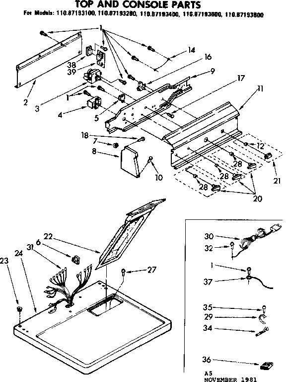 Sears 11087193600 top and console parts diagram