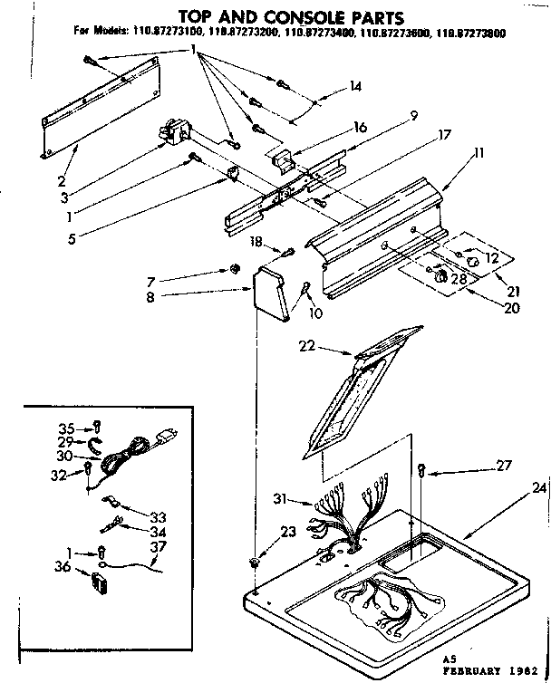 Kenmore 11087273600 top and console parts diagram
