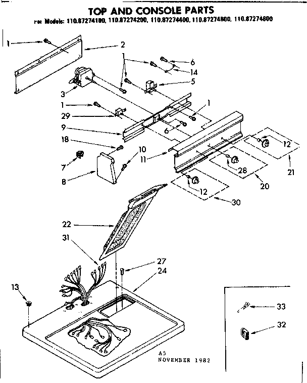 Kenmore 11087274600 top and console parts diagram