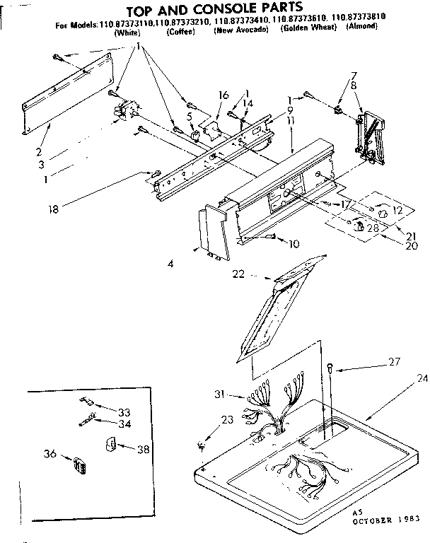 Sears 11087373210 top and console parts diagram