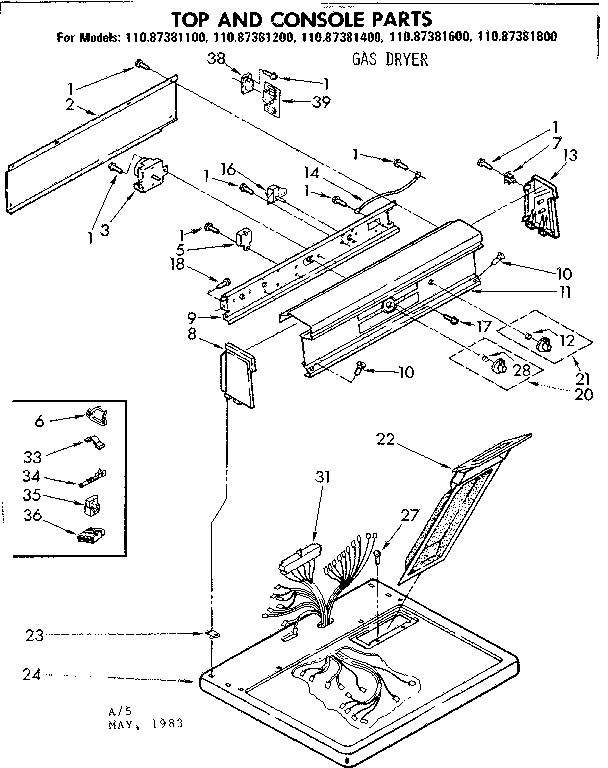 Sears 11087381800 top and console parts diagram