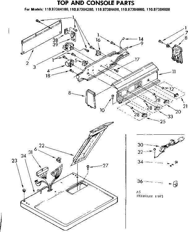 Sears 11087384600 top and console parts diagram