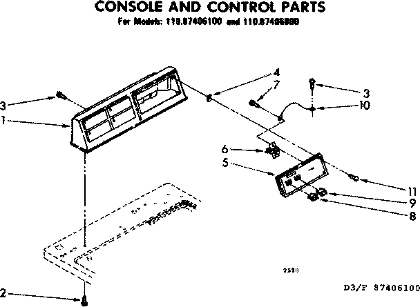 Sears 11087406100 console and control parts diagram