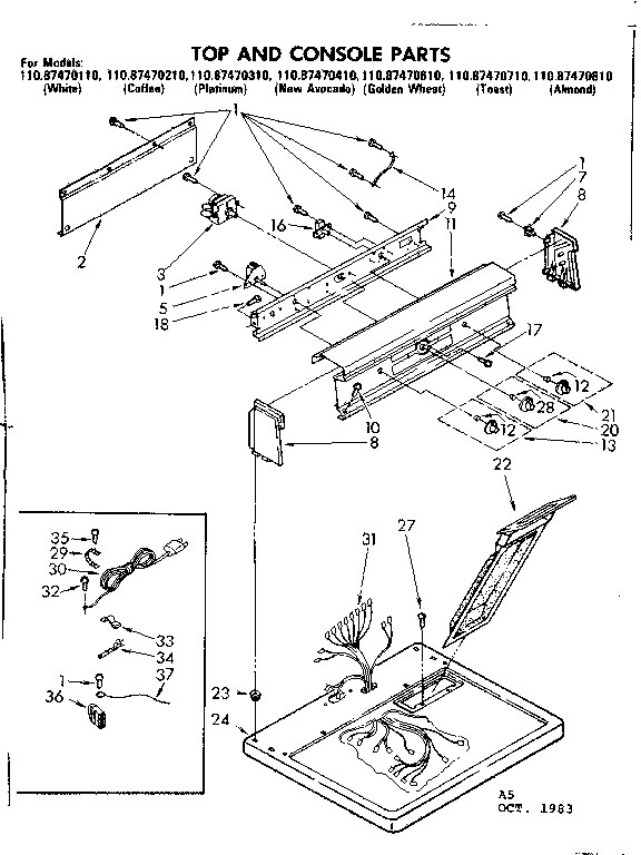 Sears 11087470210 top and console parts diagram