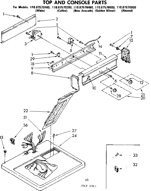 Sears 11087570800 top andconsole parts diagram