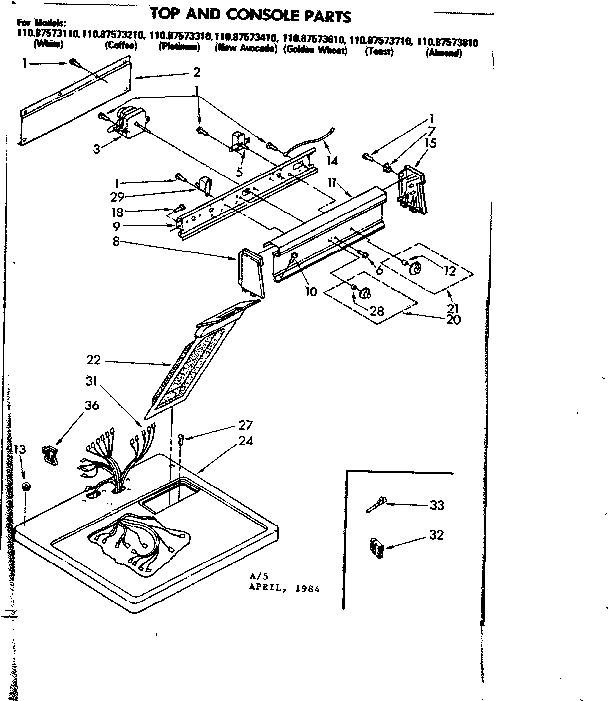Kenmore 11087573110 top and console parts diagram