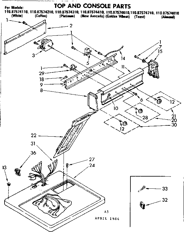Sears 11087574210 top and console parts diagram