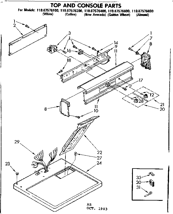 Kenmore 11087576600 top and console parts diagram
