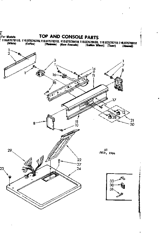 Sears 11087578810 top and console parts diagram