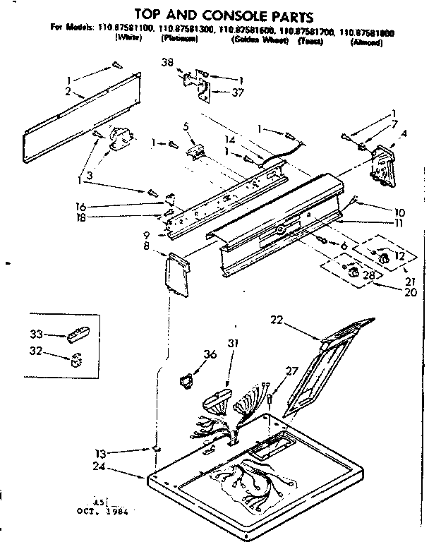 Kenmore 11087581600 top and console parts diagram